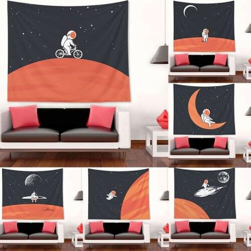 Cartoon Style Wall Tapestry Orange Moon Astronaut Tapestry Wall Hanging Decor Balcony Hippie Blanket Tapiz Yoga Mat