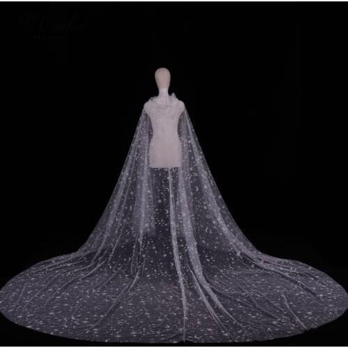 PEORCHID Hooded Wedding Cape Veil Tulle Lace Bridal Cloak Veil Long Star and Moon Women Church Coat Brides Shawls Wraps
