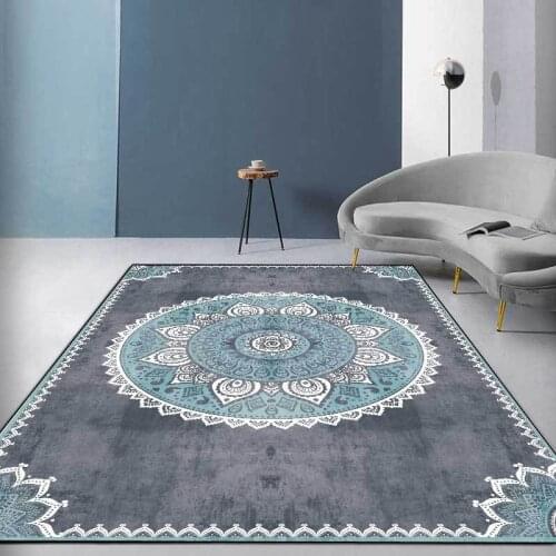Persian Style Living Room Carpet and European Blue Geometric Flower Carpet Bedroom Bedside Blanket Ethnic Non-slip Floor Mat