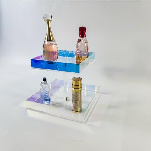 Iridescent Perfume Organizer Tray, 2 Tier Acrylic Rainbow Makeup Cosmetic Storage Holder for Countertop Bathroom Dresser