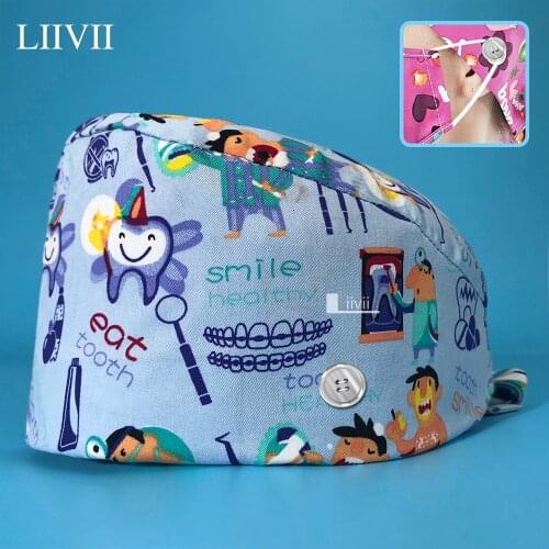 100%Cotton Pet Grooming Surgical Work Cap Tieback Scrub Cap with Button Printed Operating Room Scrubs Women Hats Sweat-absorbent