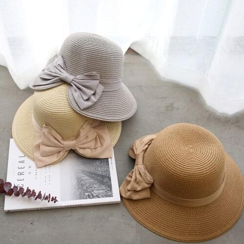 Womens Sun Hat Big Bow Wide Brim Floppy Summer Hats For Women Beach Panama Straw Bucket Hat Sun Protection Visor Femme Cap