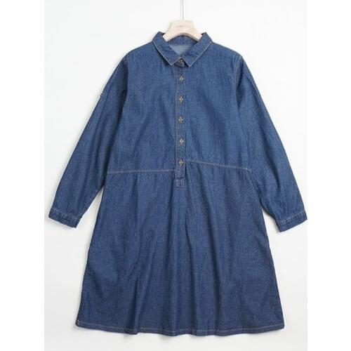 Japan Style Vintage Denim Blue Dress New Autumn Winter Loose Casual Turndown Collar Long Sleeve Women