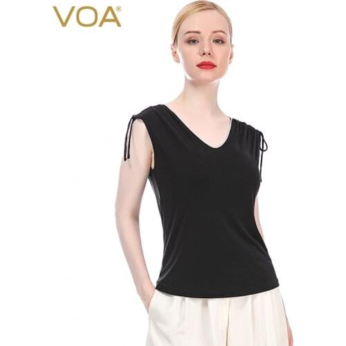 VOA Elegant Solid Knitted Women T-shirt Silk Black V-neck Sleeveless Tank Tops Summer Black Basic All-match Female T-shirt BE113