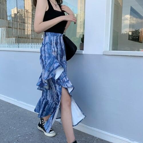 Skirts Women Vintage Irregular Split Tie Dye Long Skirt Female 2021 New Fashion High Waist Summer Skirt юбка с высокой талией