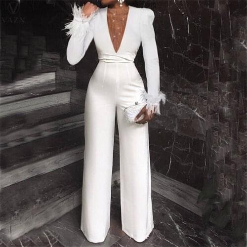 VAZN 2021 Autumn Latest Style Young White Office Lady Deep V-Neck Full Sleeve Sexy Designer Women Slim Long Wide Leg Jumpsuits
