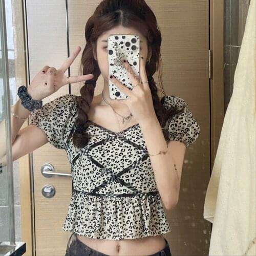 Small Leopard Grain Plaid Sexy Short Sleeve Tops Women Sweet Fashion Brand 2021 Summer New Print V-neck Chic Tops