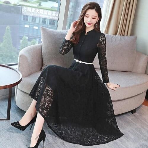 2021 Autumn Winter Vintage Lace Midi Dresses Women Elegant Bodycon Black Maxi Dress Party Long Sleeve Runway Vestidos