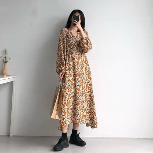 Bella Philosophy Wonder Vintage Mid-Calf Dress Sweet V-neck Floral A-Line Long Dress Casual Loose Dress Korean Fashion Vestidos