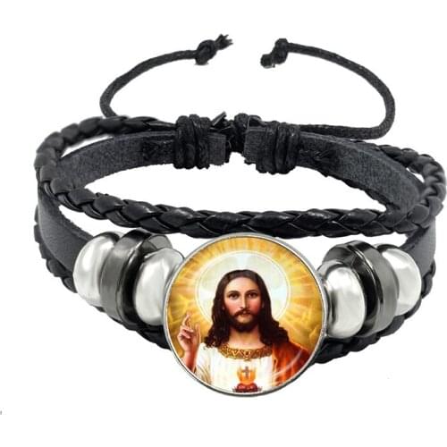 2021 Jesus Black and Pink Leather Bracelet Jesus Religion Glass Cabochon Dome Bangle Jewelry Accessories