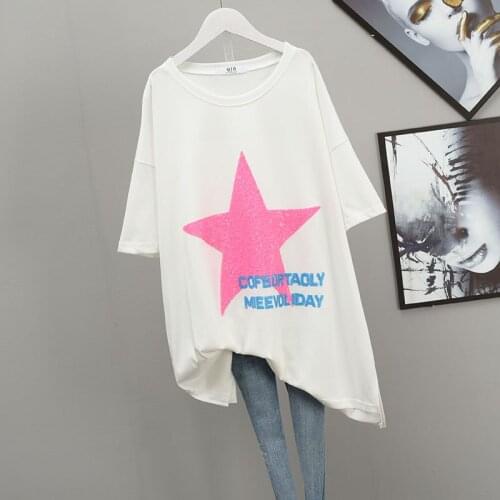 2021 Summer Short Sleeved T-shirt Loose Plus Size Thin Ins Simple Sequined Stretch Western Style Cotton Women Tops Free Shipping