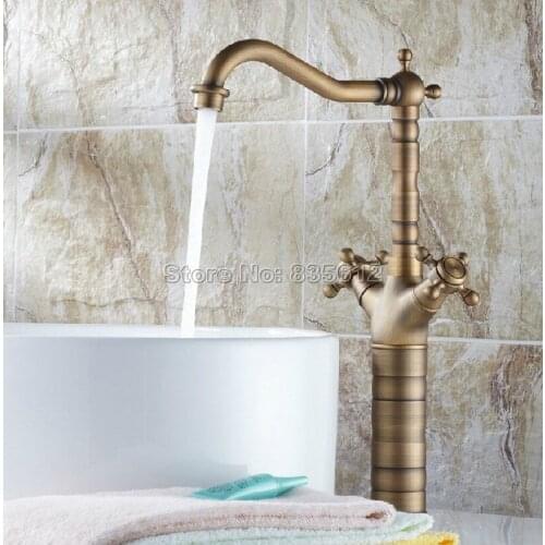 360 Swivel Spout Dual Handles Kitchen Mixer Tap /Antique Brass Single Hole Deck Mounted Vessel Sink Faucets Wsf081