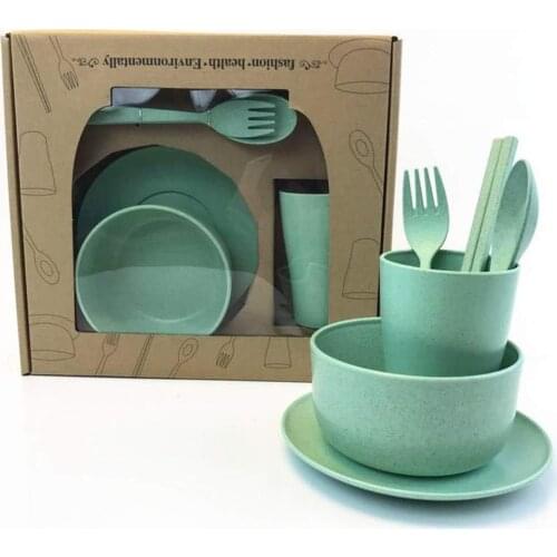 6pcs/set Wheat Straw Tableware Household Dishware Set Simple Dishes Salad Soup Bowl Steak Plate for Children Toddlers