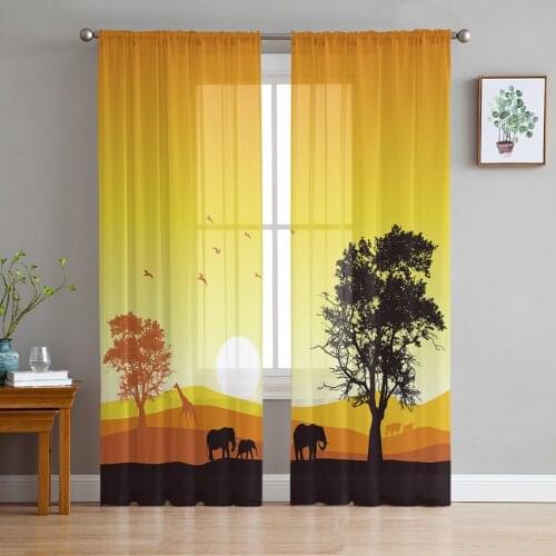 African Sunset Landscape Elephant Giraffe Silhouette Voile Tulle Sheer Curtains for Bedroom Living Room Kitchen Decor Curtain