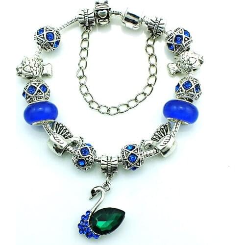 Free Shipping Fashion Swan Charms Bracelets Silver Plated Blue Glass Beads Infinity For Women DIY Bracelet & Bangle Jewelry
