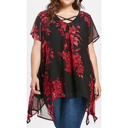 Fashion Summer Blouses Vintage roupas Women Blouse Plus Size Cross Double Chiffon Print Short Sleeve Shirt Tops feminina 2020