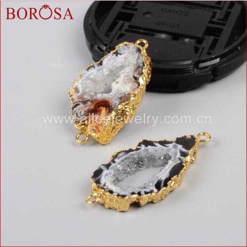 BOROSA Free-form Natural Onyx Stone Slice Connector Double Bails Druzy Stone Slice Jewelry Gold Bezel Connector G0952