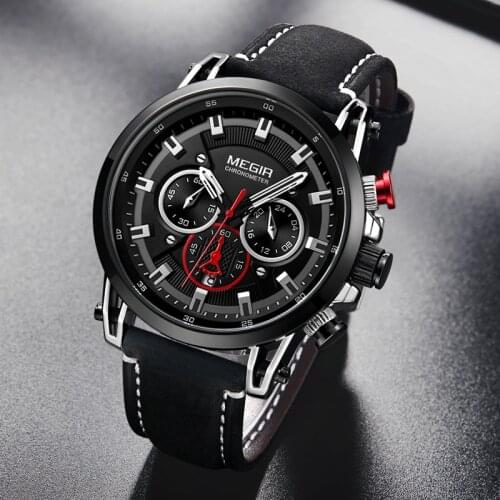 MEGIR Casual Chronograph Sport Watches Men Top Brand Luxury Military Black Leather Watch Man Clock Fashion Quartz Wristwatch
