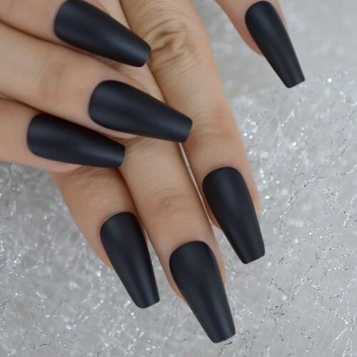 EchiQ Frosted Fake Nails Black Long Size Matt Faux Ongles Ballerina Press On Nails Square Manicure Tips