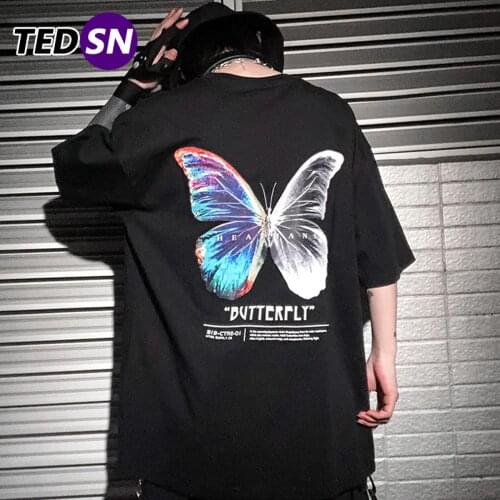 Mens Butterfly Printed T Shirt Men Oversized Harajuku Short Sleeve Tees 2020 Hip Hop Streetwear Casual Shirt Tops Cotton Loose