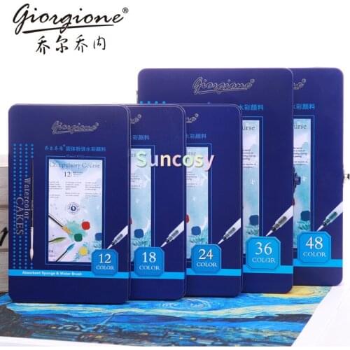 Giorgione 12/18/24/36/48 Colors Solid Watercolor Portable School Student Drawing Painting Stationery Art Supplies Paints Tin Set