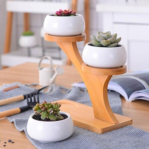 Ceramic Succulent Plant Flower Pot Planter Holder Bamboo Shelf Desktop Decor White ceramic + bamboo frame combination pot pot