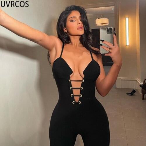 UVRCOS Combinaison Femme Solid Elegance Tank Jumpsuit Summer Camisole Hollow Out Bandage High Streer Slim Sexy Clubwear Jumpsuit