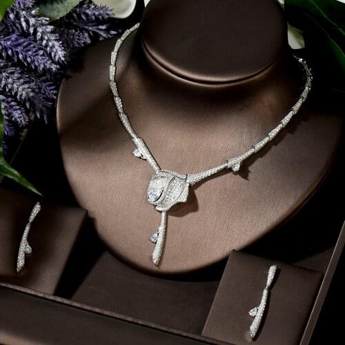 HIBRIDE Charming Rose Shaped Drop Earrings Necklace Set Elegant CZ Jewelry Sets for Women Birthday Gifts Bijoux Femme N-17
