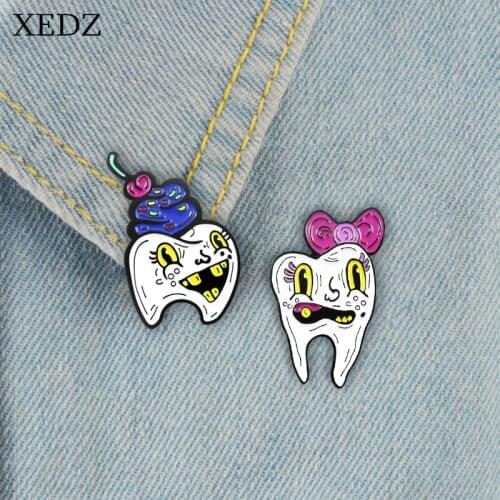 XEDZ Fashion tooth ice cream sugar Brooches Eat candy and tooth decay Brooch badge Cute Women Leather sweater Lapel Pin Accessor