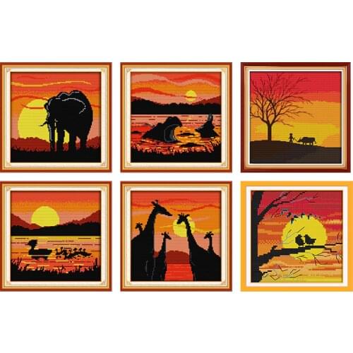 Sunset Series Cross Stitch Sets for Embroidery Kits 11ct 14ct Printed Canvas Animal Patterns Elephant Hippo Giraffe DIY Handmade