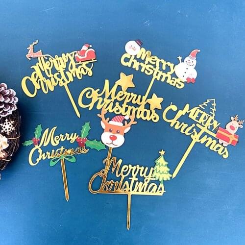 New Colorful Merry Christmas cake topper Golden Acrylic sled Elk christmas Cake toppers For Birthday Xmas Party cakes decoration