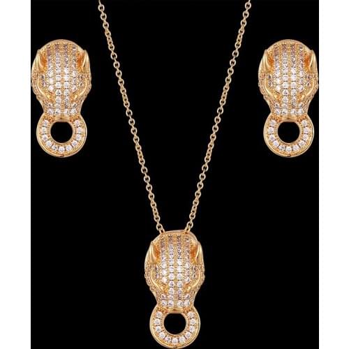 Simple pendant and Earring women jewelry full zircon micro inlay animal leopard head bite ring necklace fashion accessories