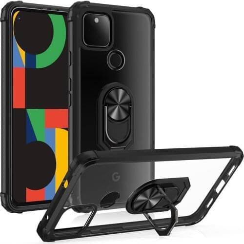 HD Clear Crystal Transparent shockproof Protective Case with Ring Car Mount Kickstand for Google Pixel 4A 4G / Pixel 5