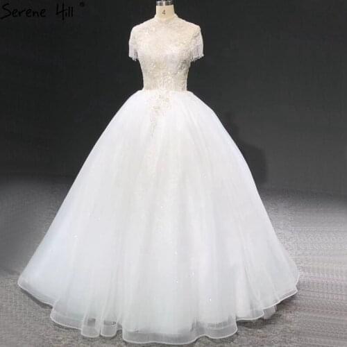 Serene Hill Ivory Sparkle High Collar Wedding Dress 2020 Short Sleeve Tassel Beading Sequined Bridal Gown Custom Made CHA2345