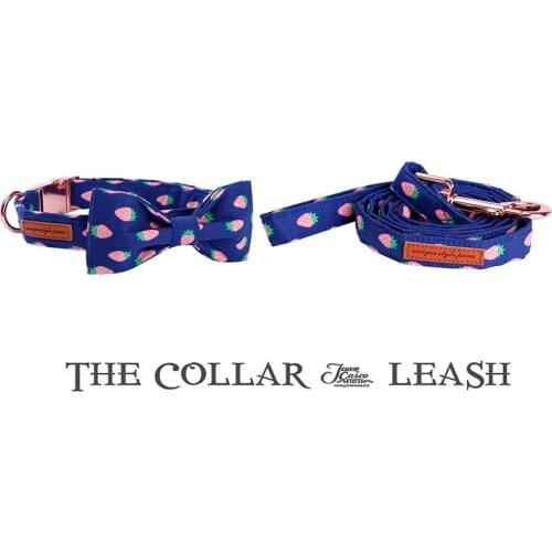 Dog Collar and Leash Set with Bow Tie Cotton Fabric Collar Rose Gold Metal Buckle Durable Pet Accessories Strawberry