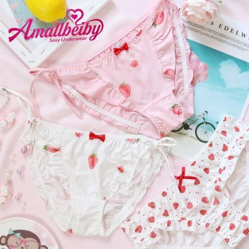 Japanese Sweet Young Girls Ruffles Panties Cute Big Strawberry Lace-up Low Waist Sexy Bow Lolita Kawaii Underwear Set Lingerie