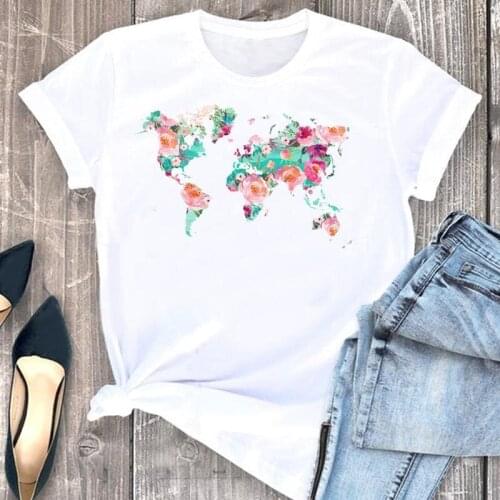 Women Clothes Cartoon Flower Travel Trend Ladies Cartoon Fashion Short Sleeve Summer Print Tshirt Female Tee Top Graphic T-shirt