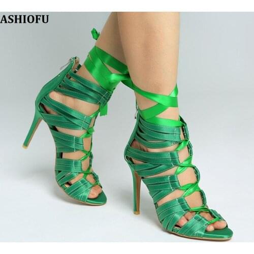ASHIOFU New Handmade Women High Heel Sandals Cross Shoelace Sexy Party Prom Summer Shoes Club Evening Fashion Sandals Shoes