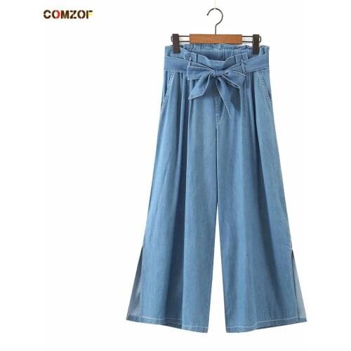 2021 Summer Denim Wide Leg Pants Women High Waist Jeans Side Split Straight Trousers Sashes Pantalon Femme