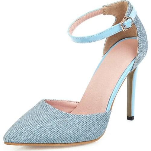 High Heels Women Pumps Bling Glitter Stiletto High Heels Ankle Strap Shoes Buckle Pointed Toe Shoes Woman Spring Big Size 34-43