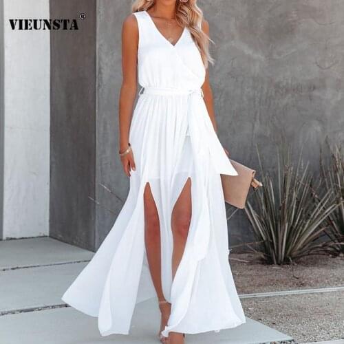 Elegant Deep V Neck Office Lady Long Dress Summer Sleeveless Hollow Out Hight Slit Party Dress Women New Spring Solid Maxi Dress