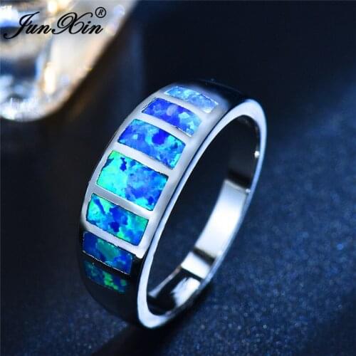 Boho Female Blue White Fire Opal Stone Ring Vintage Silver Color Wedding Rings Promise Love Engagement Rings For Women