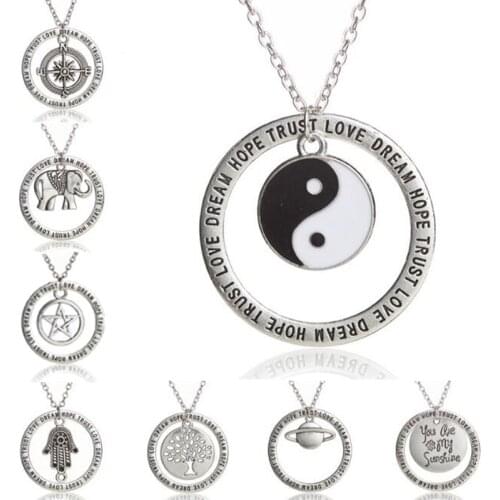 Round Love Dream Hope Trust Pendant Necklaces Compass Supernatural Pentagram Yin Yang Saturn Pendant Chain Necklace For Women