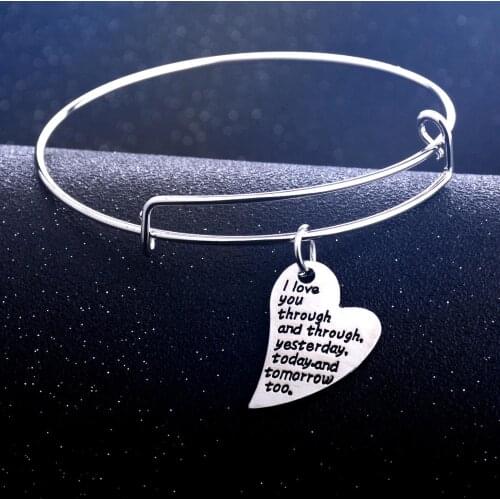 12PC I love You Through And Through Yesterday Love Heart Charm Pendant Bangles Adjustable Bracelets Wife Husband Xmas Gifts Hot