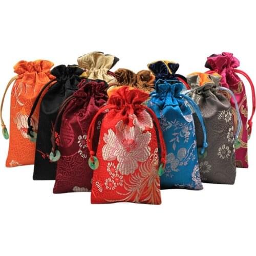 8X15CM Vintage Embroidery Jewelry Organizer Pouches Handmade Drawstring Gifts Bags Mixed Color Silk Brocade Pouch