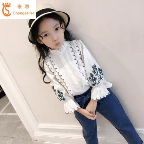 2018 New Arrivals Girls White Blouses Flower Embroidery Long Sleeve Teenager Girls Shirts Cotton Clothes Kids Tee For Girls