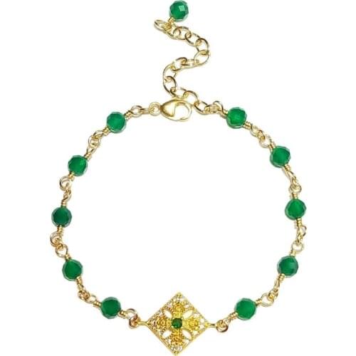 Lii Ji Natural 4mm Green Onyx 925 Sterling Silver Gold Color Insert Zircon Charm Link Bracelet 14K Gold Filled Handmade Bracelet