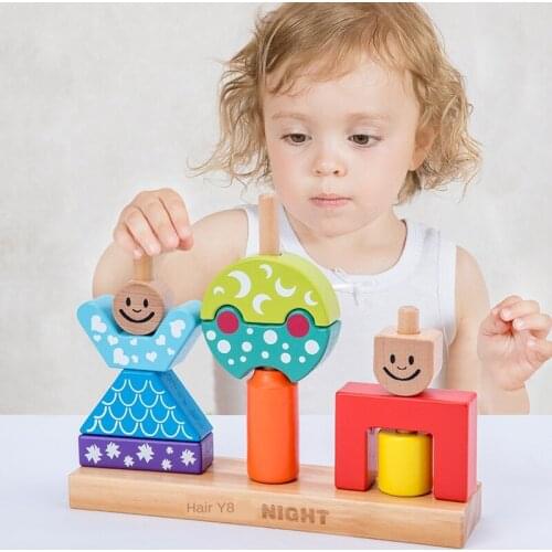 Day and Night Childrens Puzzle Creative Inserting Wooden Blocks Baby Hand-eye Coordination Sensory Training Toy