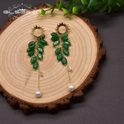 GLSEEVO Natural Freshwater Pearl Long Drop Earrings For Womens Party Green Jade Handmade Vintage Jewelry Accessories GE1012A