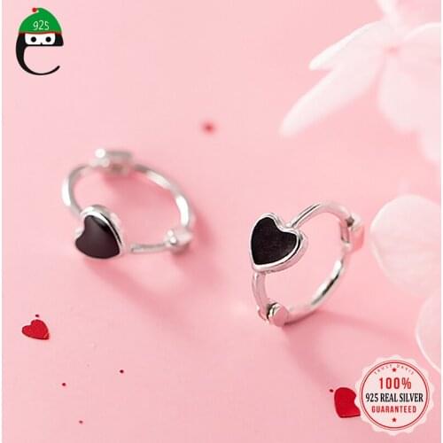 ElfoPlataSi Real 925 Sterling Silver Fashion Romantic Black Heart Charm Hoop Earring For Women Wedding Party Fine Jewelry DA2088